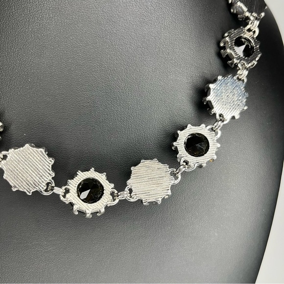 Statement Necklace Black Faceted Crystal and Silver Beaded Runway - Picture 4 of 6